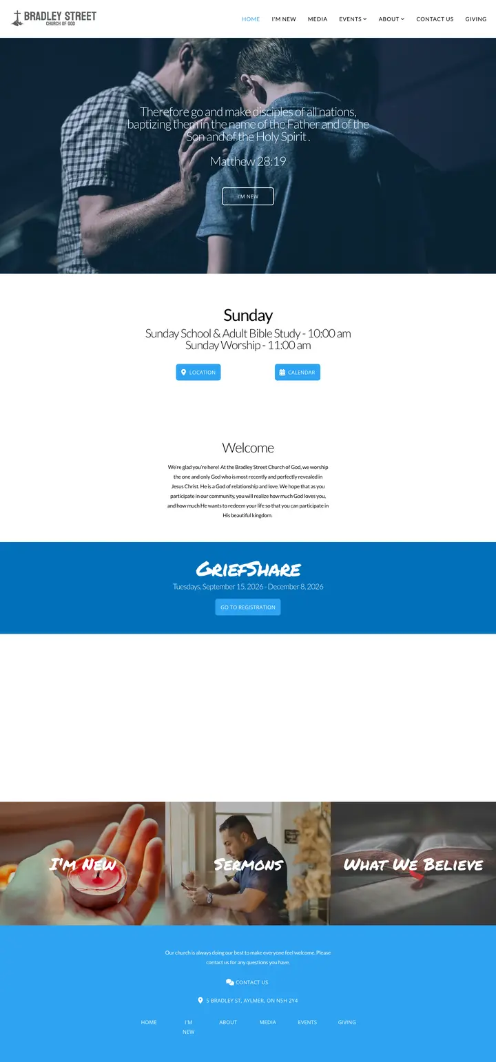 Screenshot of the Bradley Street Church of God website home page, shown on a computer and a phone