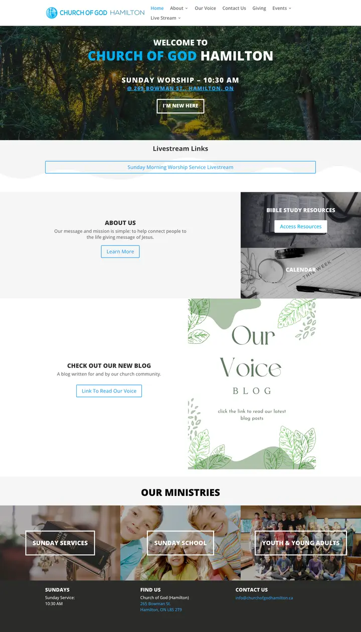 Screenshot of the Church of God Hamilton website home page, shown on a computer and a phone