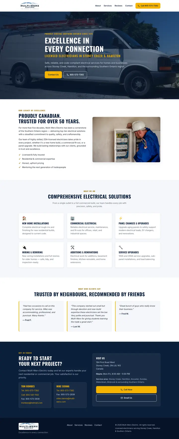 Screenshot of the Multi-Werx Electric website home page, shown on a computer and a phone