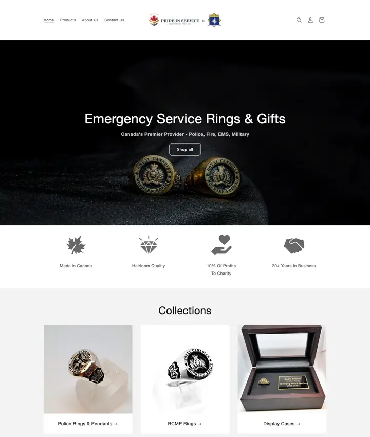 Screenshot of the Pride In Service online store home page, shown on a computer and a phone